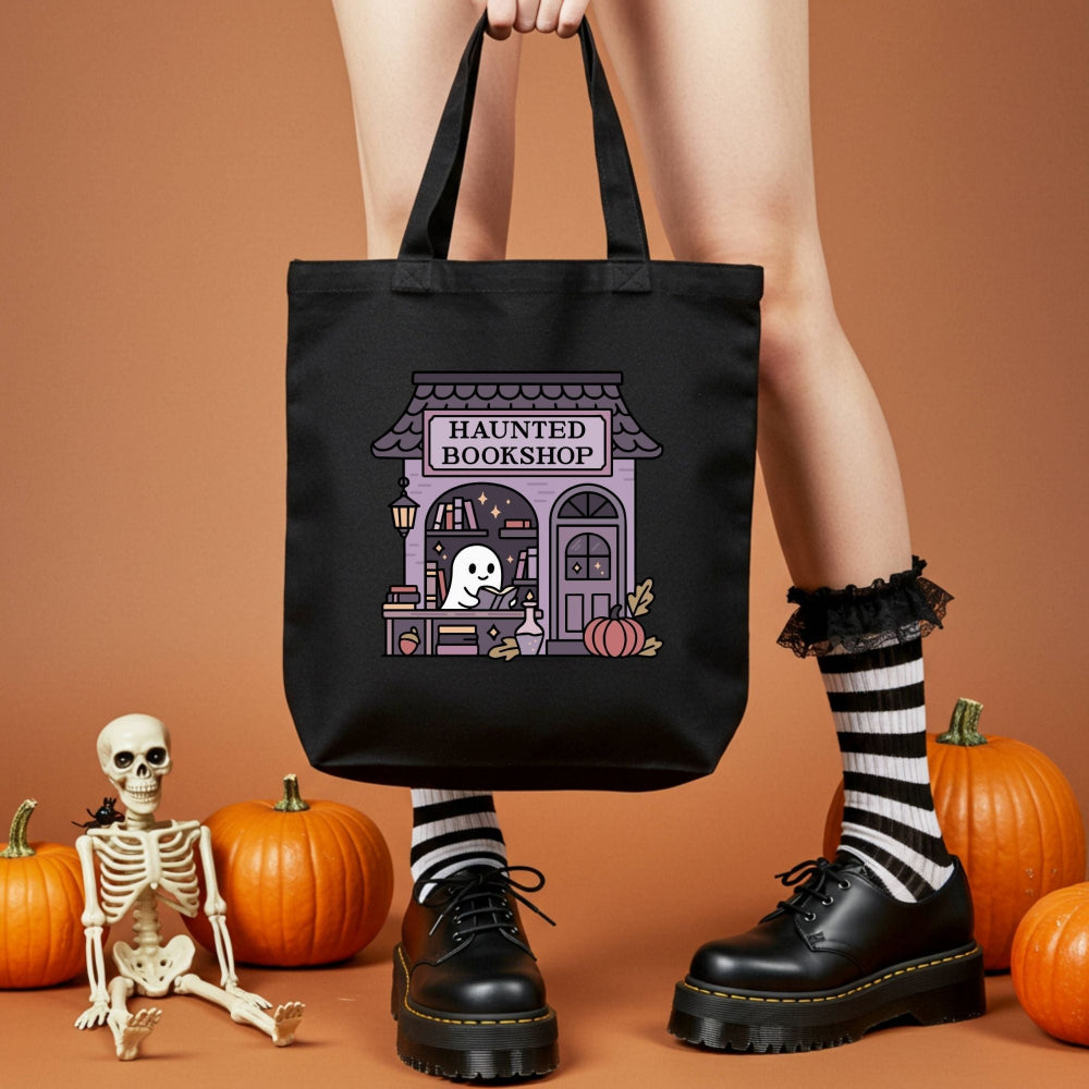 Cute bookish tote bag for readers, also works as a Halloween treat bag.
