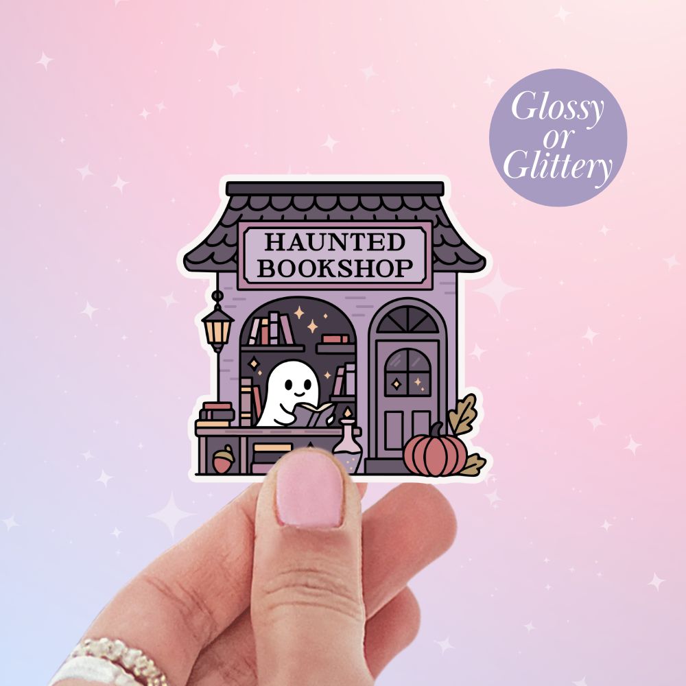 Haunted Bookshop ghost sticker with fall decor, perfect for spooky season book lovers.