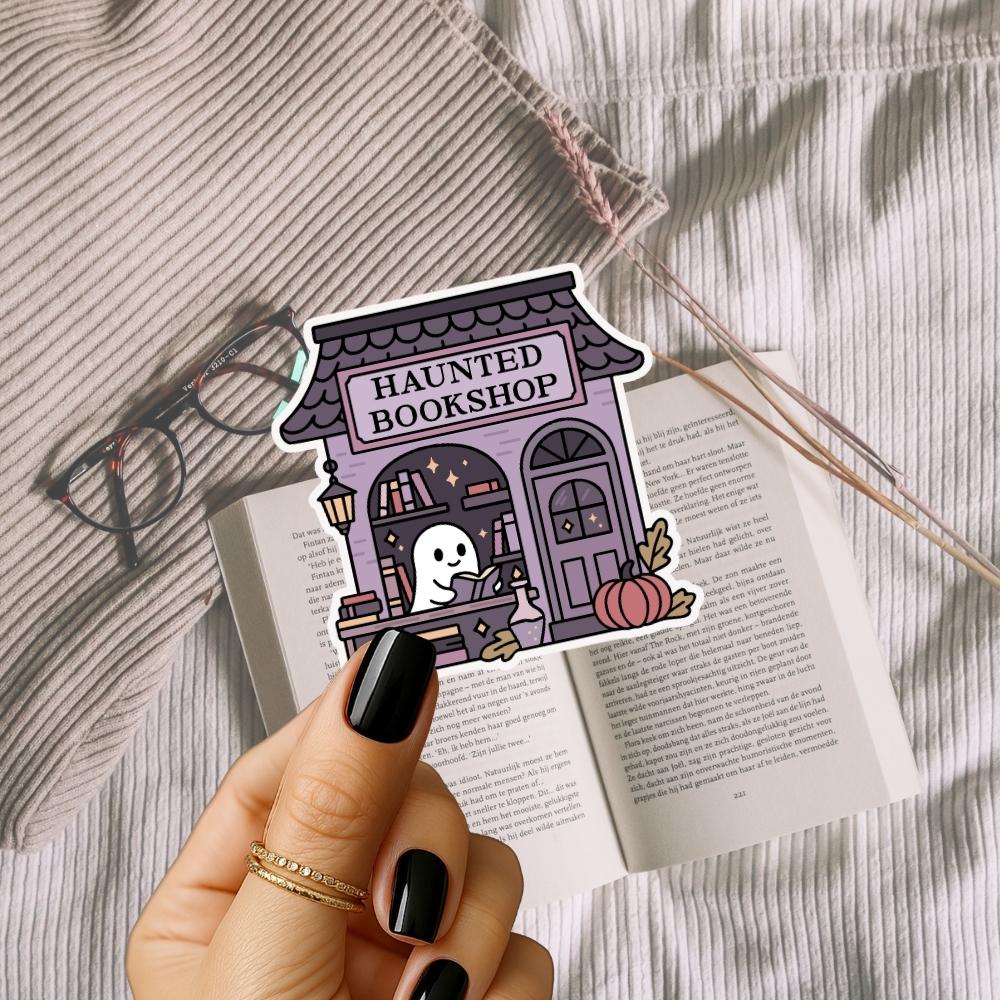 Adorable spooky season sticker for book lovers with ghost and pumpkins.