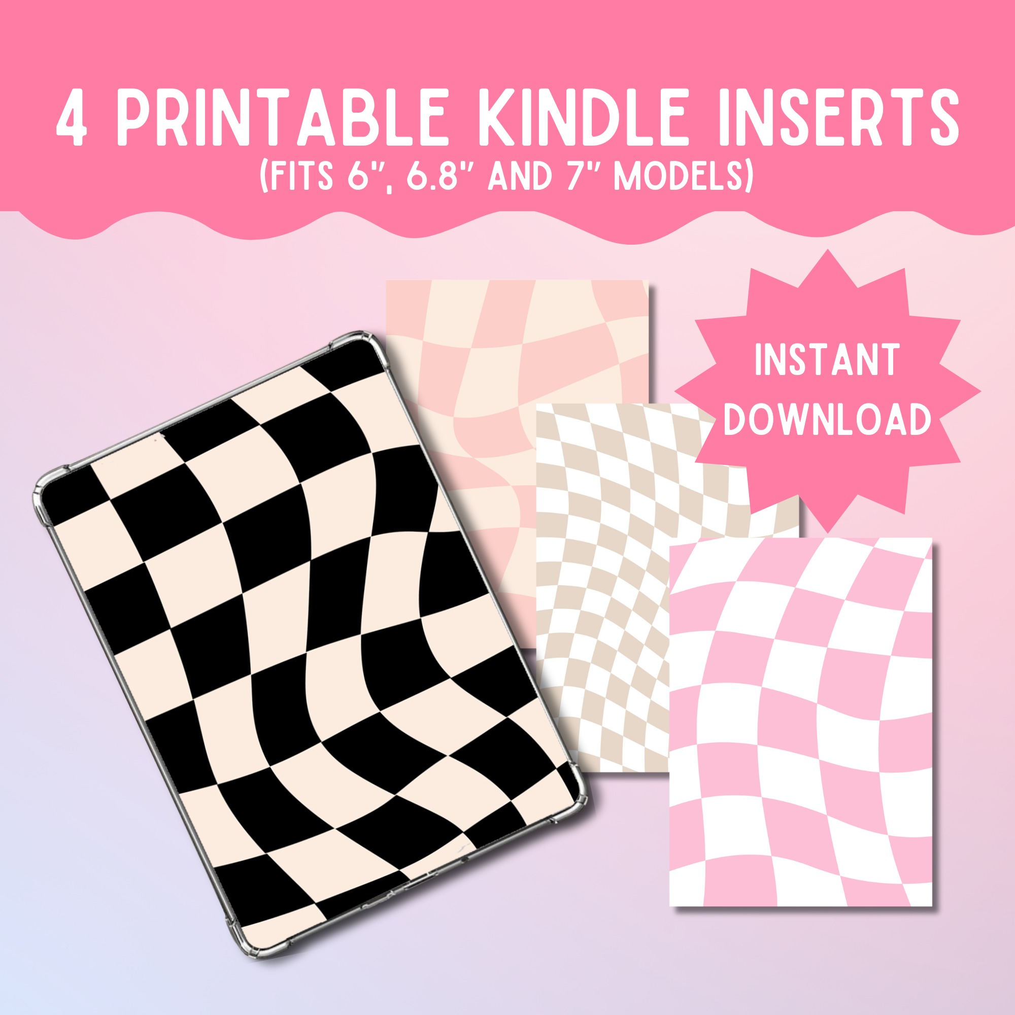 Digital Kindle Insert for Clear Case Checkered Groovy Pattern Printable E-reader Cover Paperwhite Decor DIY Bookish Gift Book Lover Acessory