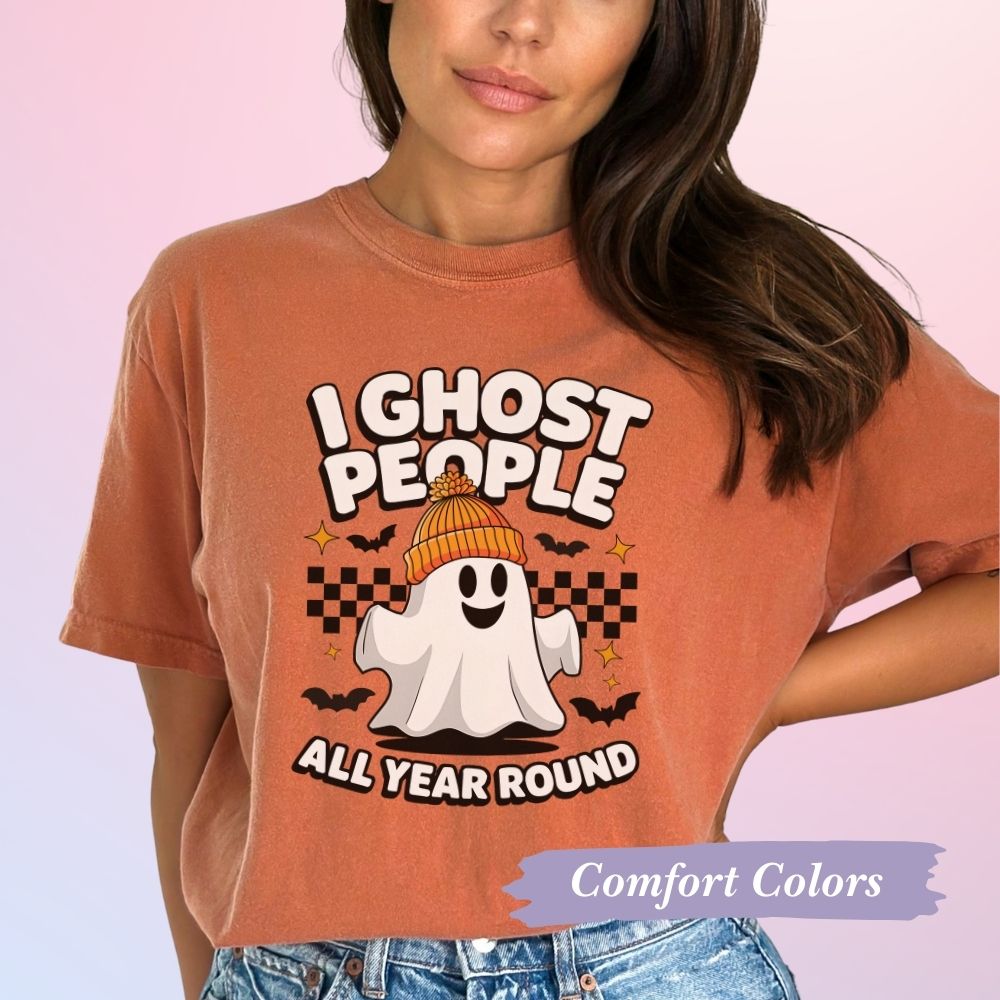 Comfort Colors Halloween t shirt with cute ghost design.