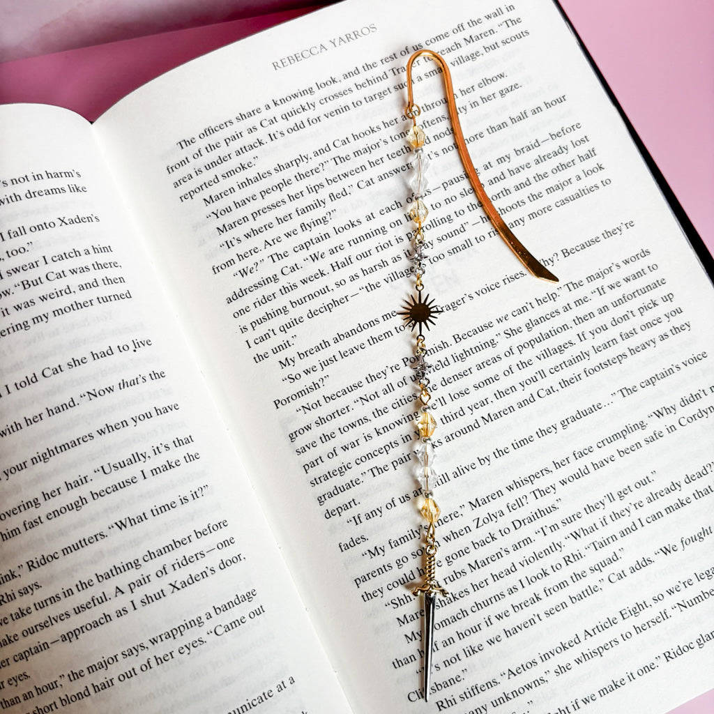 Handmade sword bookmark charm with beaded design