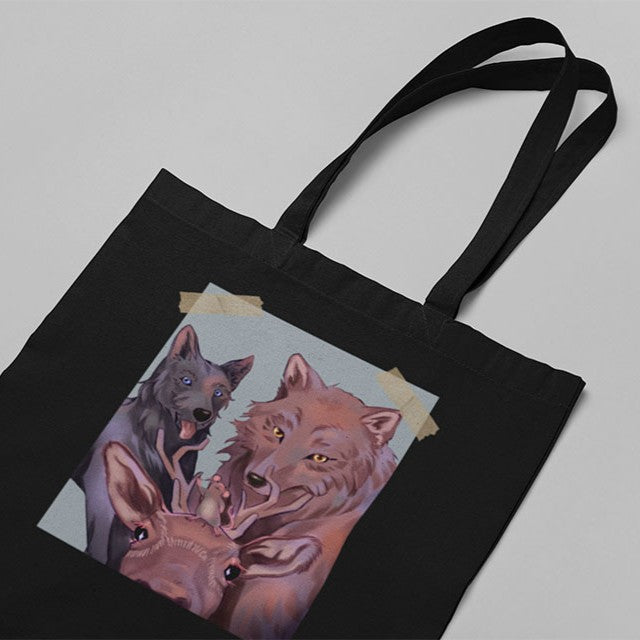 Black tote bag featuring exclusive Marauders fan art from limited edition collab