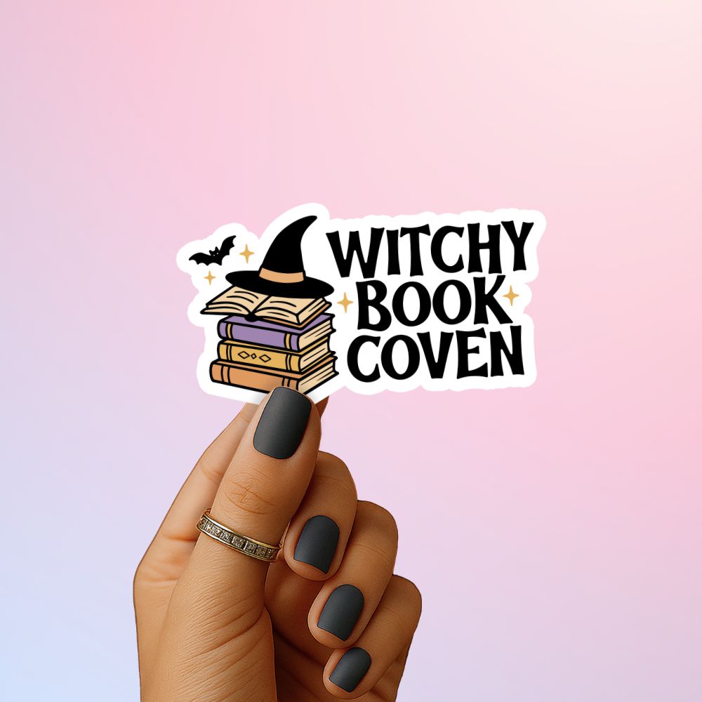 Witchy Book Coven Halloween sticker, perfect fall merch for book lovers.